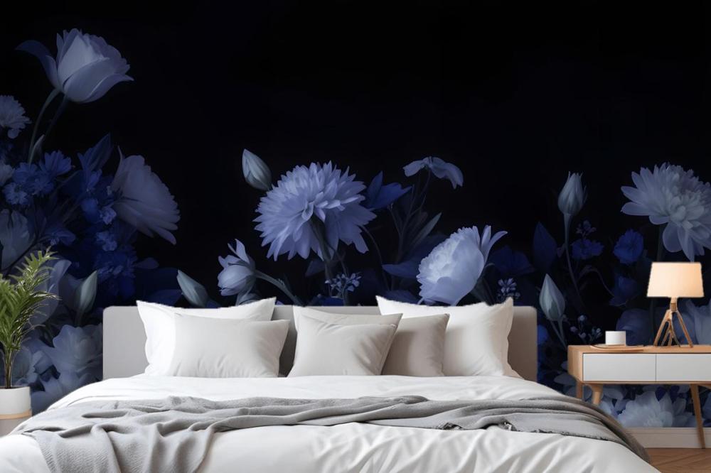 Blue Delft Dark Floral Art Painting Wallpaper Mural