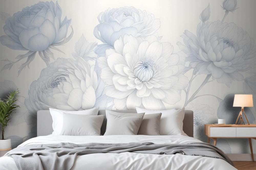 Blue Large Illustrated Roses Wallpaper Mural