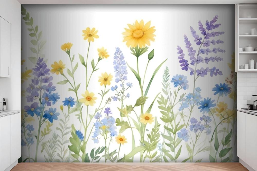 Bright Lilac & Green Watercolor Wildflower Wallpaper Mural
