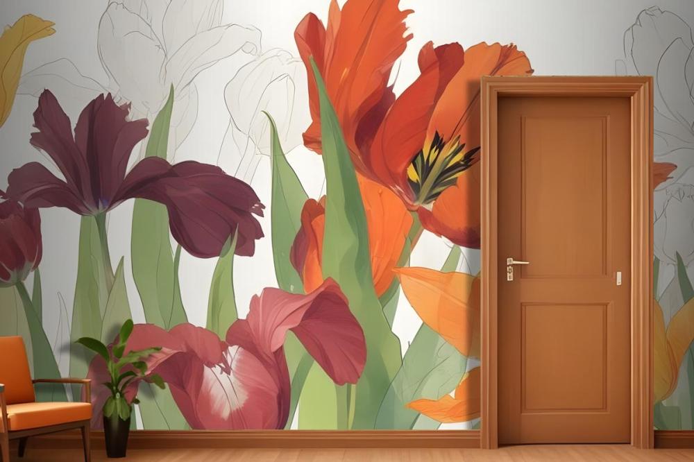 Closeup Orange And Red Tulips With Green Leaves Against A Light Wallpaper Mural