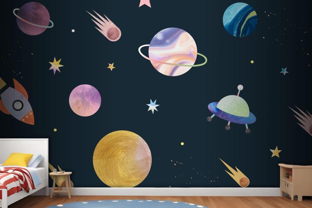 Colorful Galaxy Watercolor Doodle On Black Wallpaper Mural