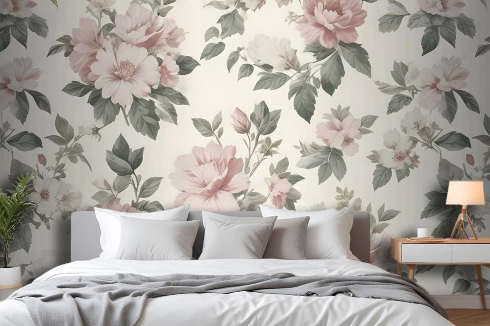 Cream & Pink Rose Vintage Floral Wallpaper Mural