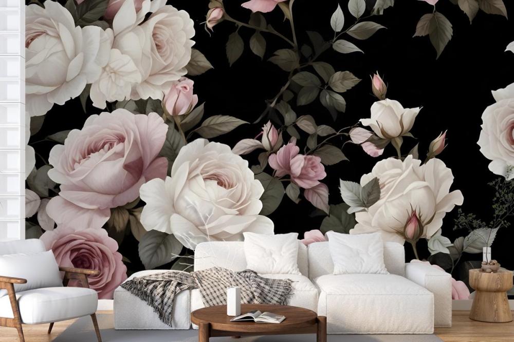 Dark Background Large Pink White Roses Green Leaves Wallpaper Mural