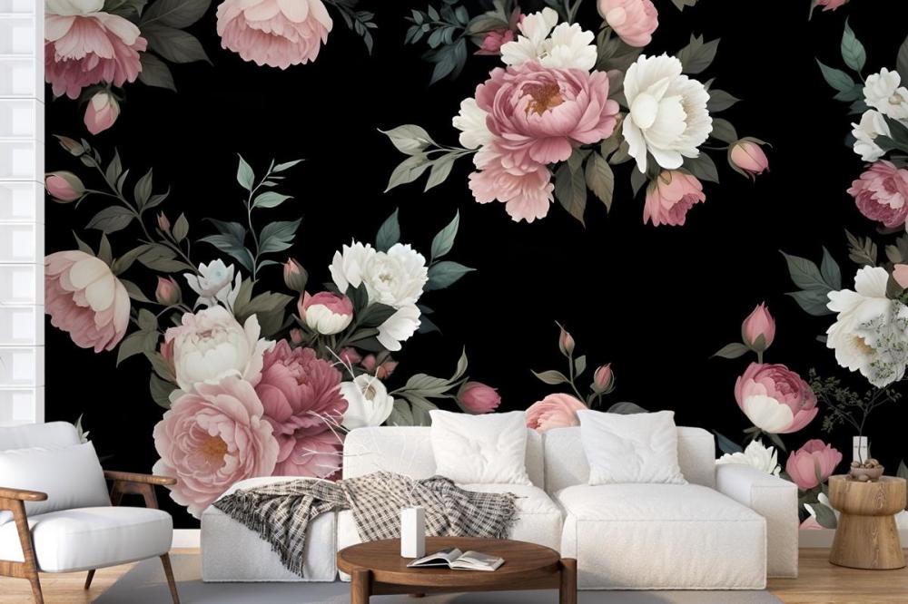 Dark Background Large Pink White Roses Peonies Other Flowers Wallpaper Mural