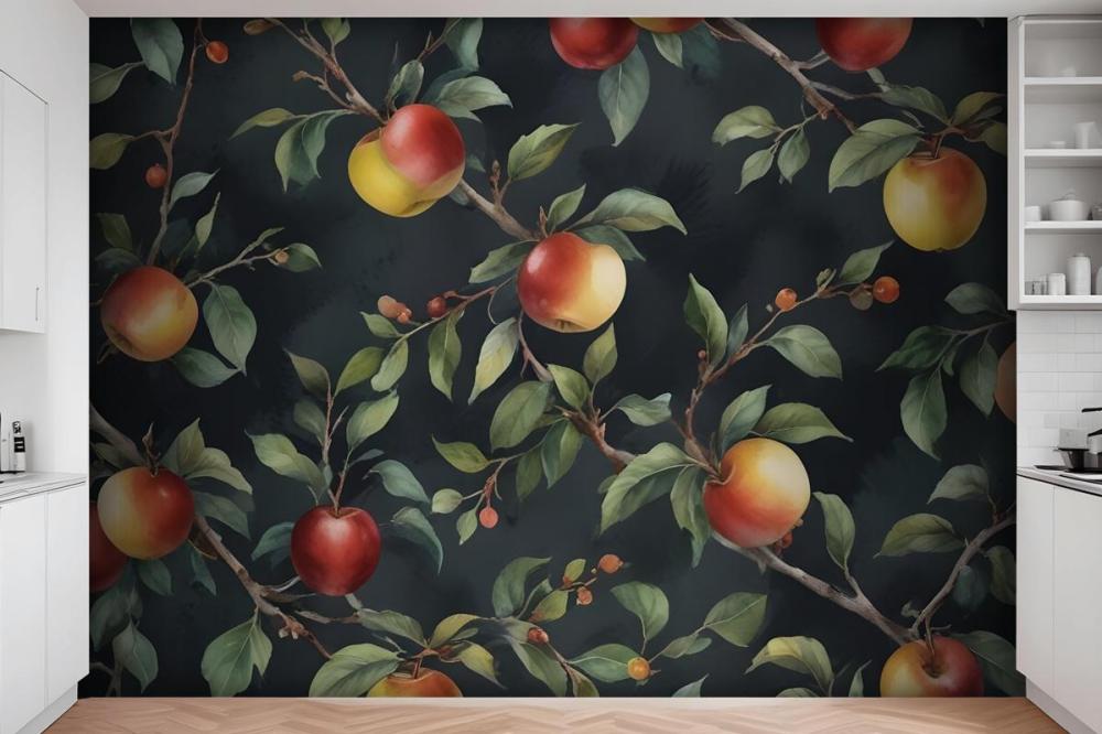 Dark Green And Navy Vintage Botanical Fruit Repeat Pattern Wallpaper