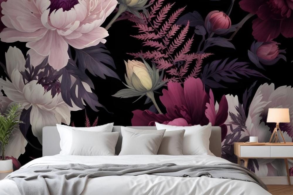 Dark Watercolor Colorful Peony Floral Wallpaper Mural