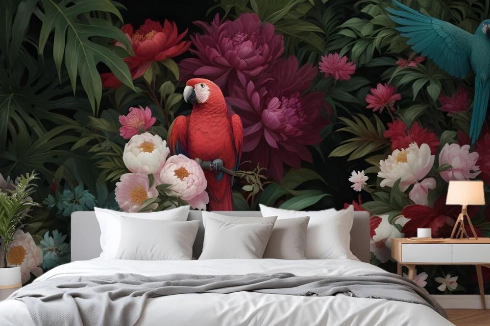 Digital Painting A Vibrant Tropical Floral Arrange Wallpaper Mural