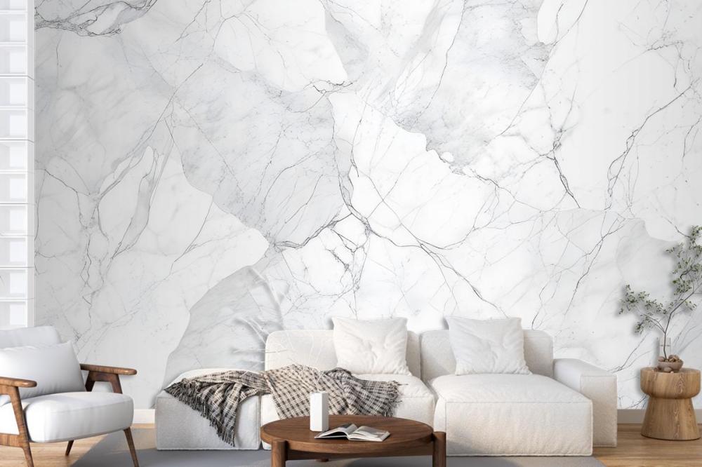 Elegant White Marble Texture With Intricate Gray Veining Wallpaper Mural