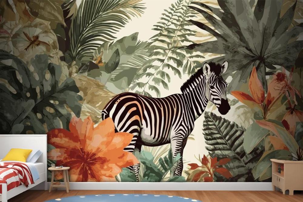 Exotic Zebra Tales Artistic Vintage Jungle Collage Pattern Seamless Wallpaper Mural