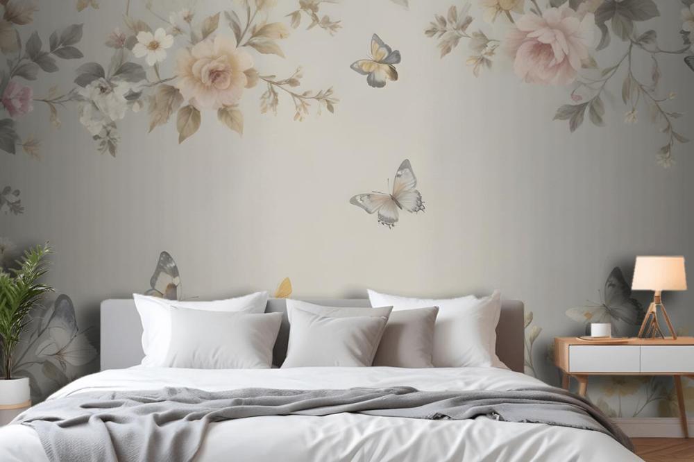 Floral Wallpaper Pattern With Delicate Butterflies Mural