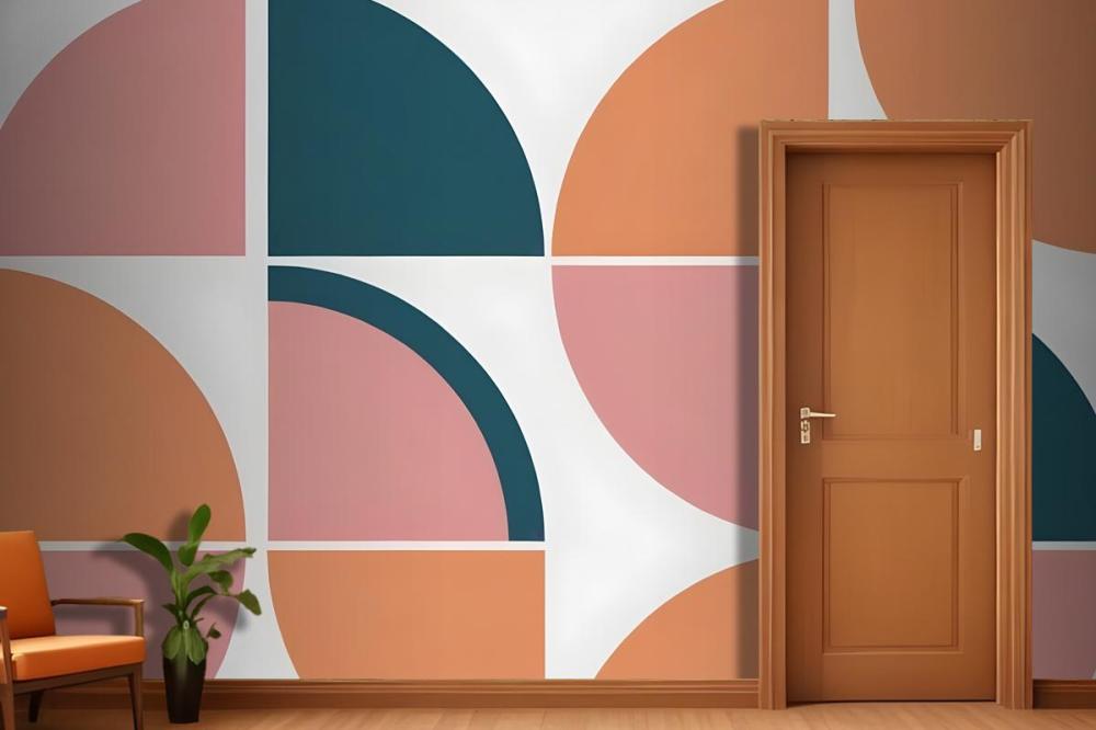 Geometric Abstract Pattern With Various Shapes And Colors Including Teal Peach And Pink Wallpaper Mural
