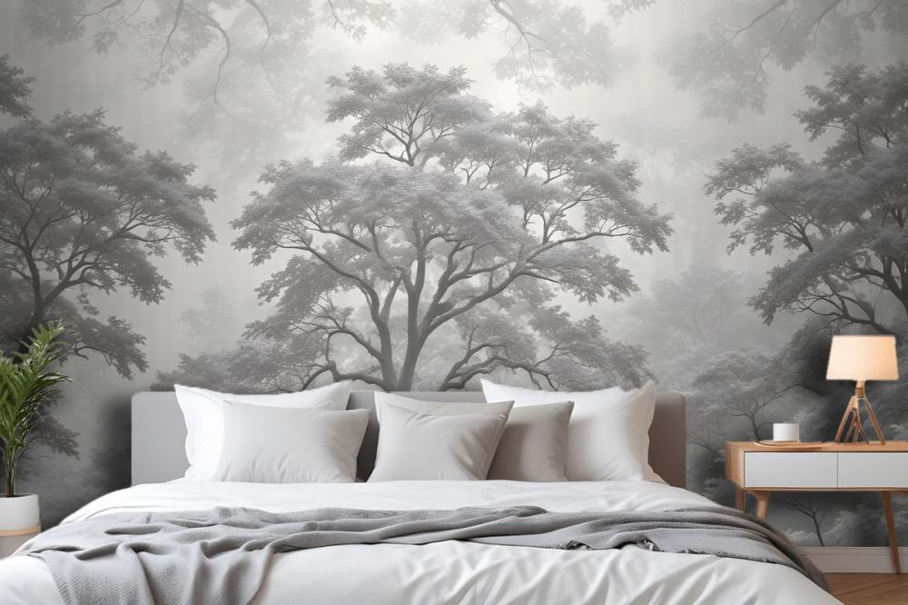 Gray Forest Illustration Etching Wallpaper Mural