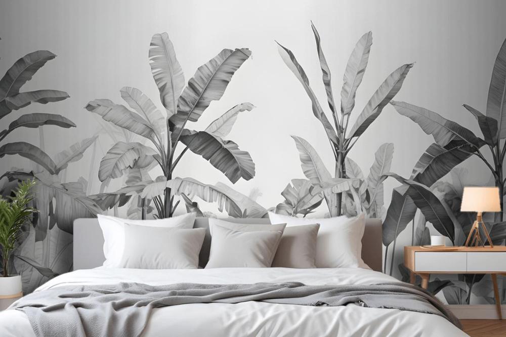 Grayscale Vintage Tropical Plants Wallpaper Mural