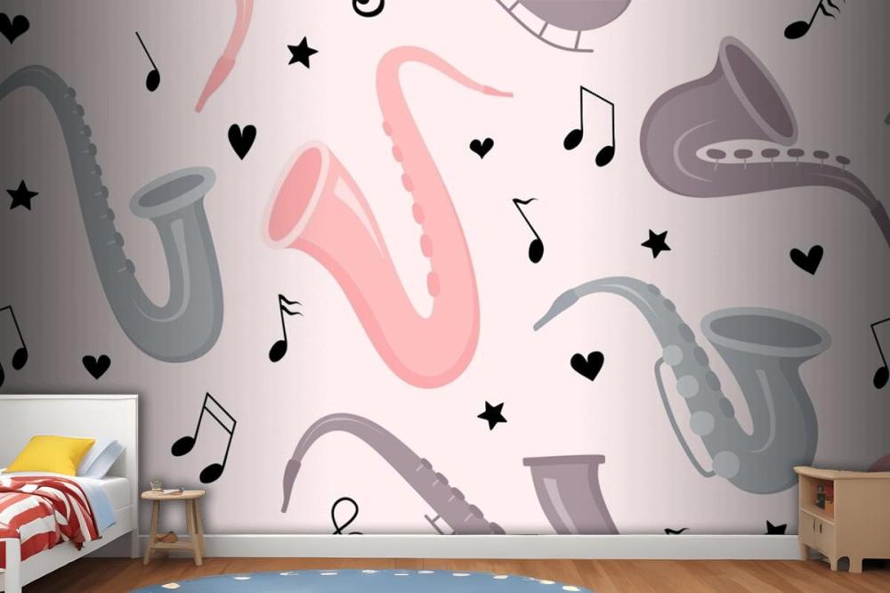 Hand Drawn Saxophone Seamless Pattern Wallpaper Mural