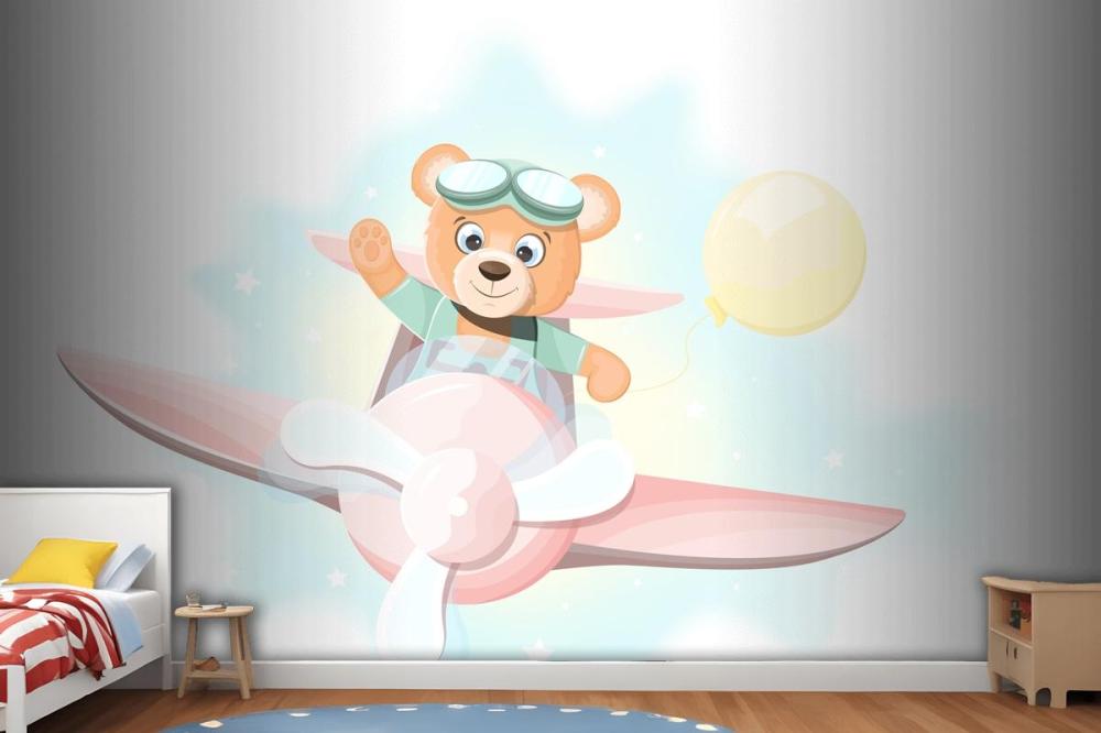 Happy Teddy Bear Flying On An Airplane Wallpaper Mural