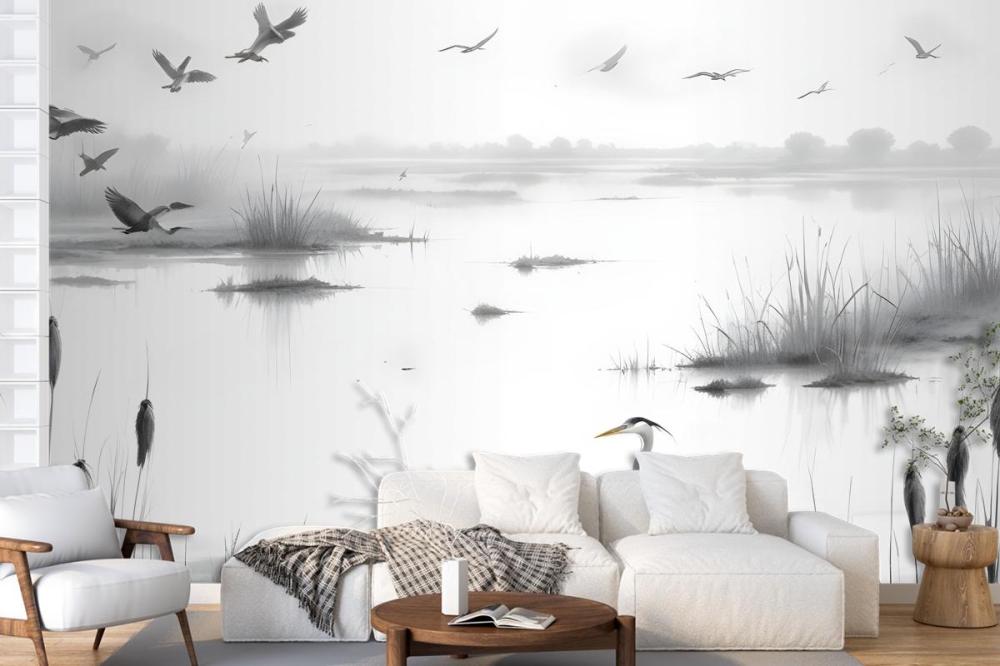 Heron Sketch In Misty Wetlands With Flying Birds Wallpaper Mural