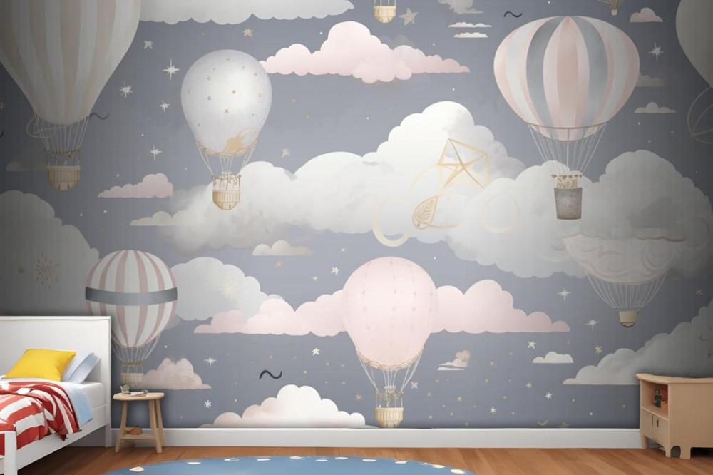 Hot Air Balloons Flying In The Sky With Clouds Wallpaper Mural