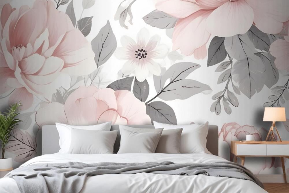 Large Pink And Gray Floral Pattern With Various Wallpaper Mural