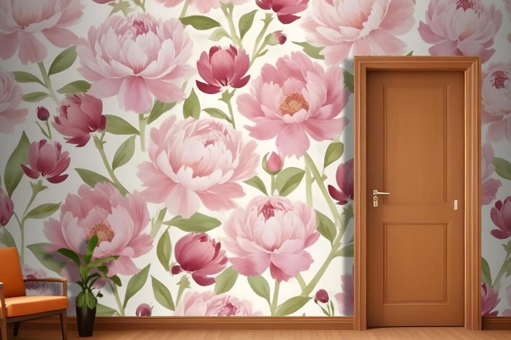 Large Pink Peony Flowers With Green Leaves On A Light Wallpaper Mural