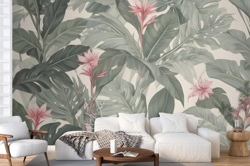Light Background Large Green Leaves Pink Flowers Tropical Foliage Pattern Wallpaper Mural