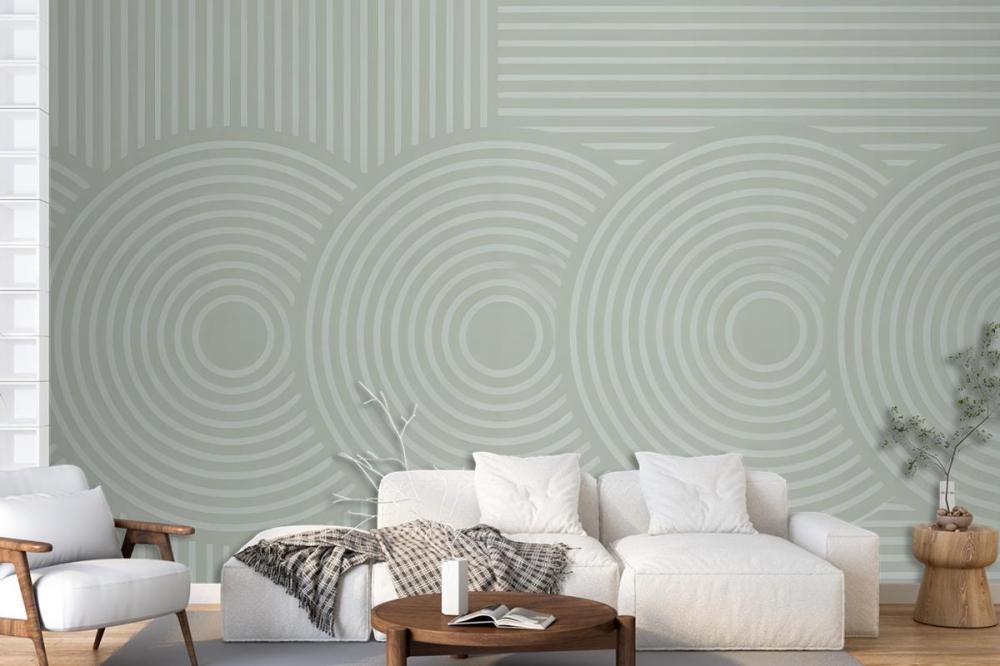 Light Green Background Concentric Circles Vertical Lines Wallpaper Mural