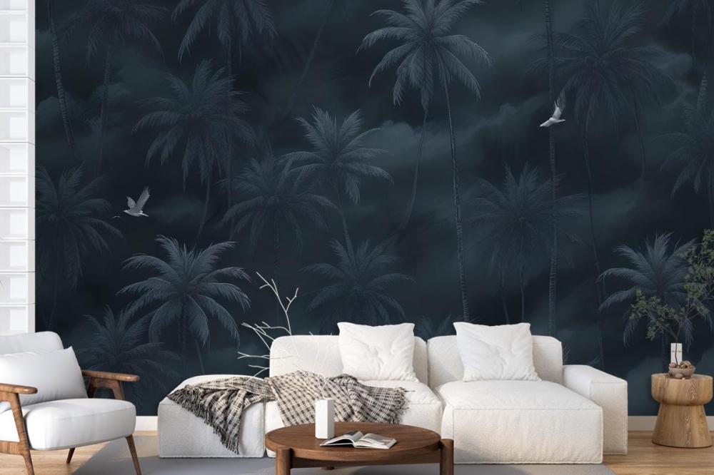 Moody Stormy Sky Dark Tropical Palm Trees Silhouettes Birds Wallpaper Mural