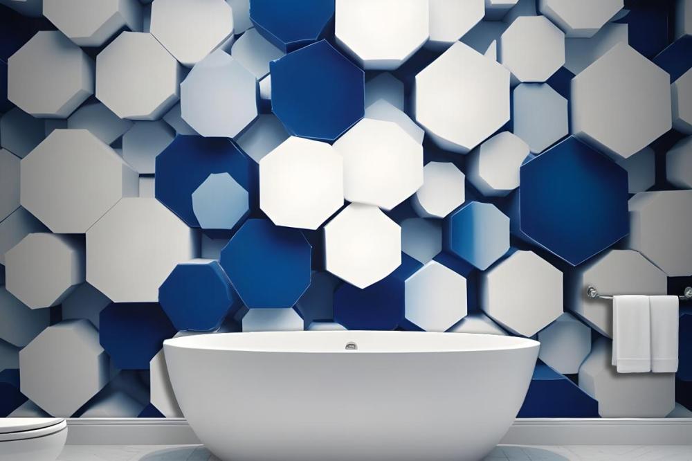 Overlapping Hexagon In Shades Of Blue And White Wallpaper Mural