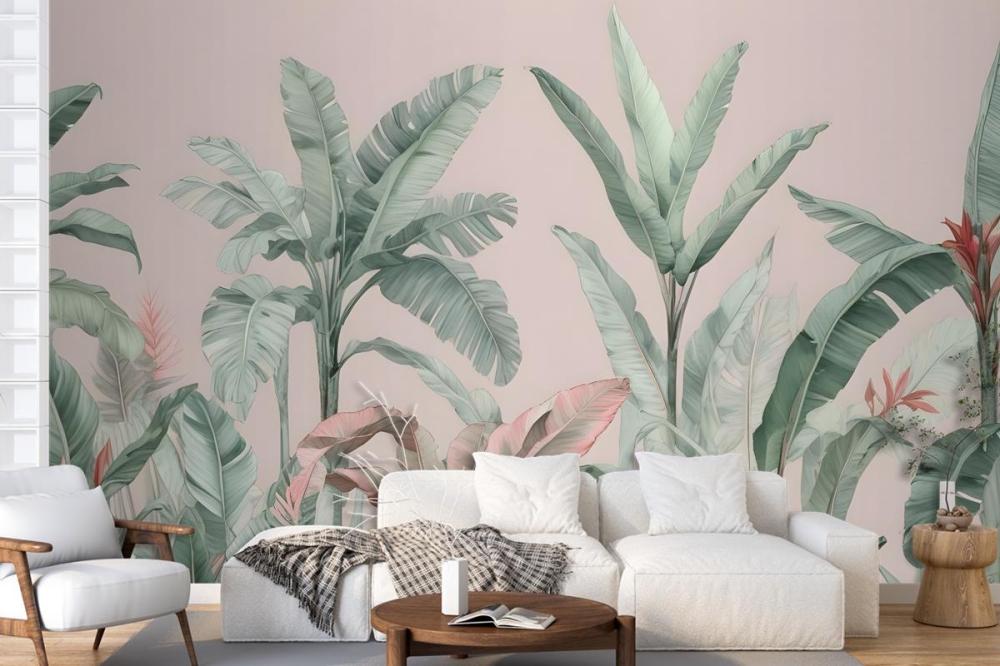Pastel Pink & Green Vintage Tropical Wallpaper Mural