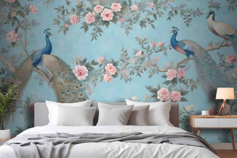 Peacock With Peony Blossom Wallpaper Mural
