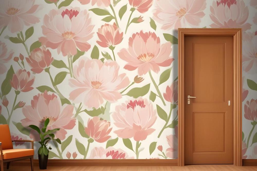 Pink And Peach Flowers With Green Leaves On A Light Wallpaper Mural