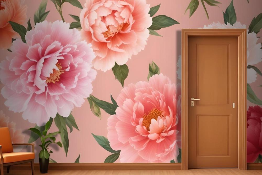 Pink And Peach Peonies With Green Leaves On A Light Pink Wallpaper Mural