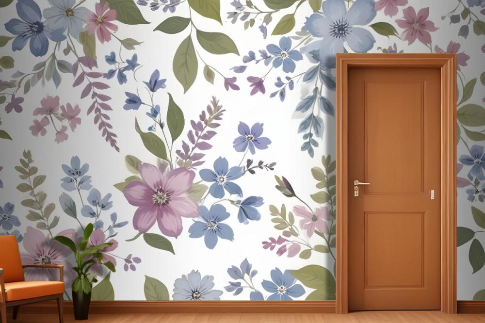 Purple And Blue Watercolor Flower Wallpaper Mural
