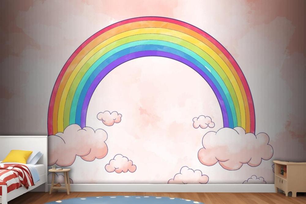 Rainbow With Clouds Watercolor Style Wallpaper Mural