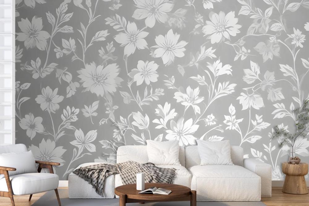 Seamless Pattern Of White Floral Silhouettes On A Light Gray Wallpaper Mural