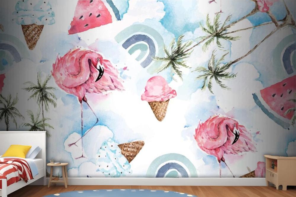 Seamless Pattern Palm Tree And Flamingo Wallpaper Mural