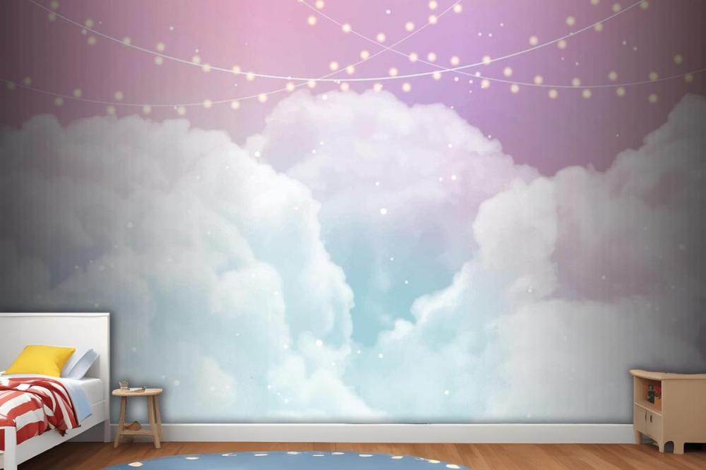 Sky Background With Sugar Cotton Candy Clouds And Stars Design Wallpaper Mural
