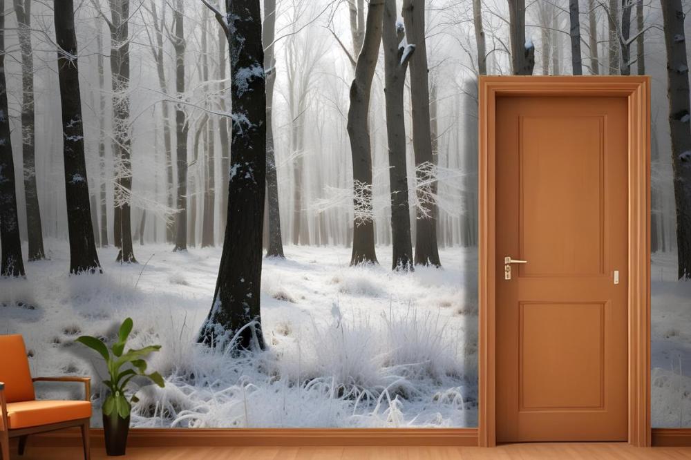 Snowy Forest With Tall Bare Trees And A Layer Of Frost Covering The Ground Wallpaper Mural