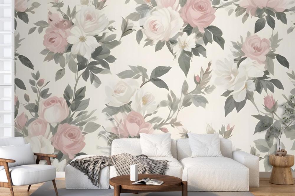 Soft Muted Floral Pattern Large Pink White Flowers Rose Green Leaves Wallpaper Mural