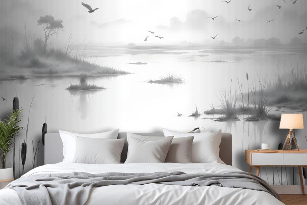 Traditional Chinese Black & White Ink Lake Wallpaper Mural