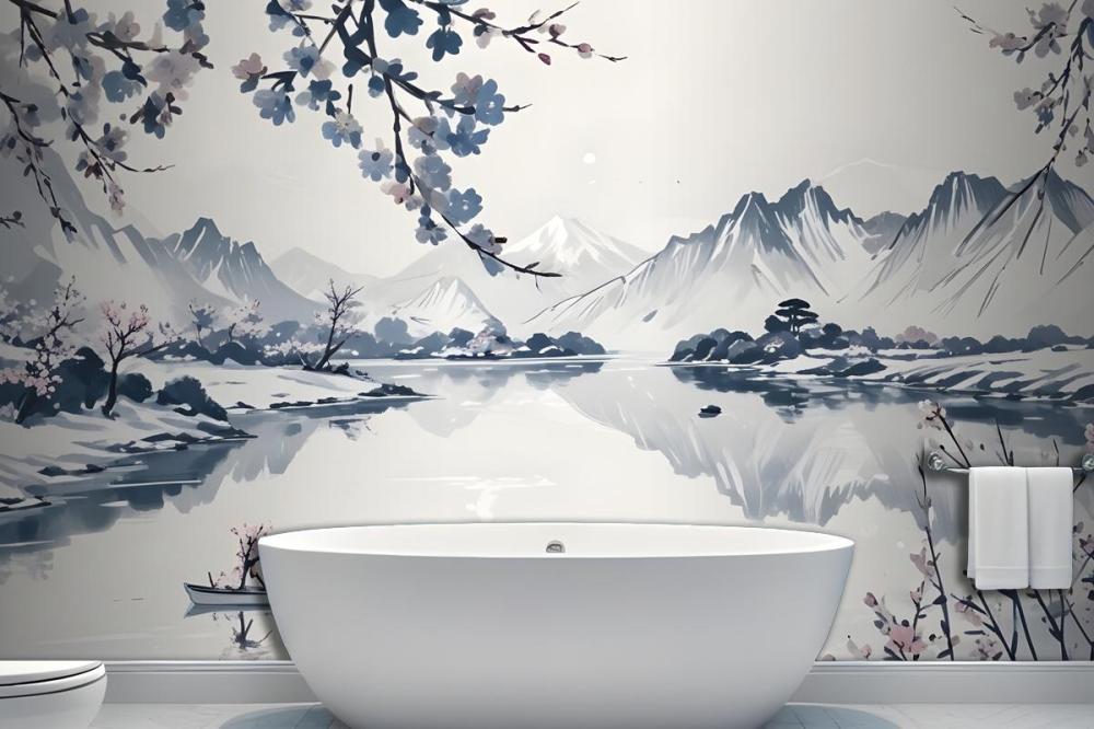 Traditional Chinese Willow & Mountain Ink Wallpaper Mural