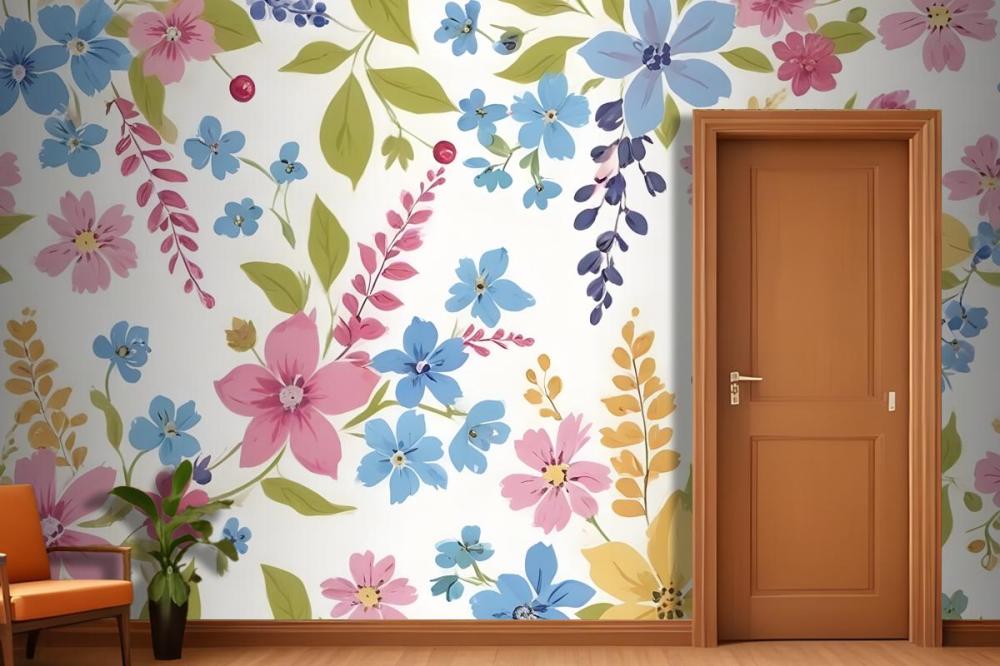 Various Flowers In Shades Of Pink Blue Yellow And Green Wallpaper Mural