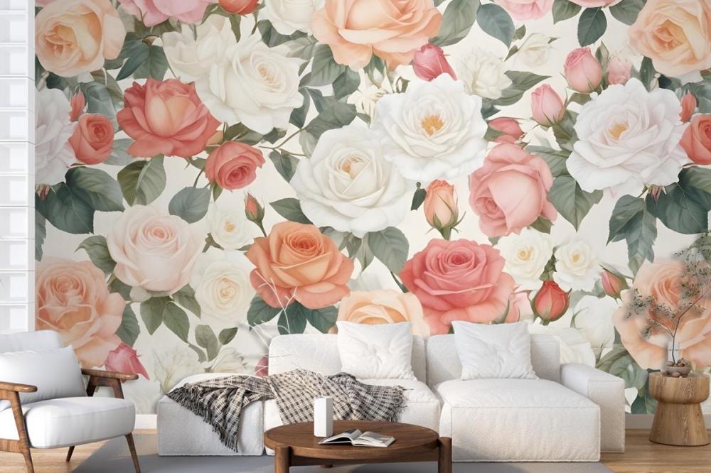Vibrant Floral Pattern Featuring Various Types Of Pink, White, And Peach Roses Wallpaper Mural