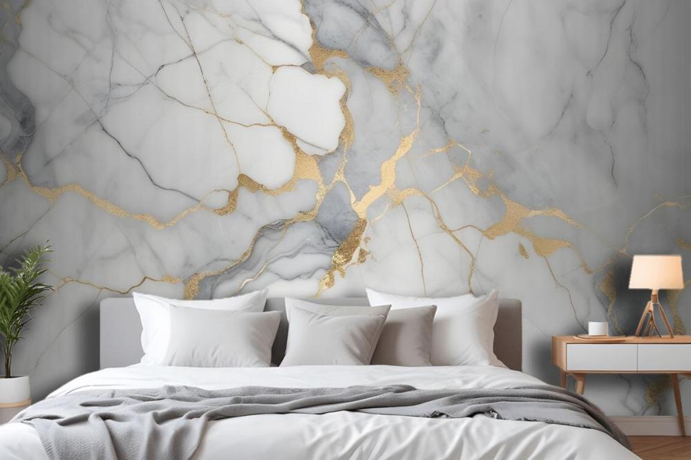 White And Gray Marble Texture With Golden Veins Wallpaper Mural