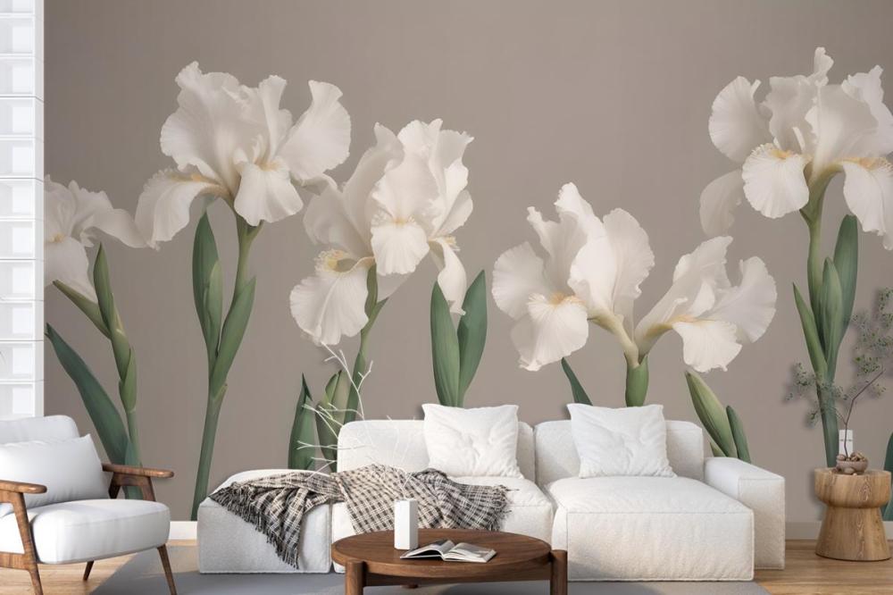 White Iris Flowers With Green Stems Against A Neutral Wallpaper Mural
