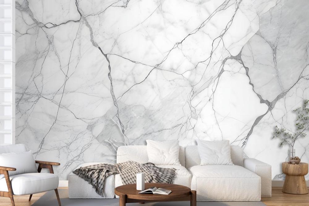 White Marble Texture With Gray Veins Wallpaper Mural