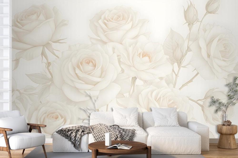 Yellow Large Illustrated Roses Wallpaper Mural