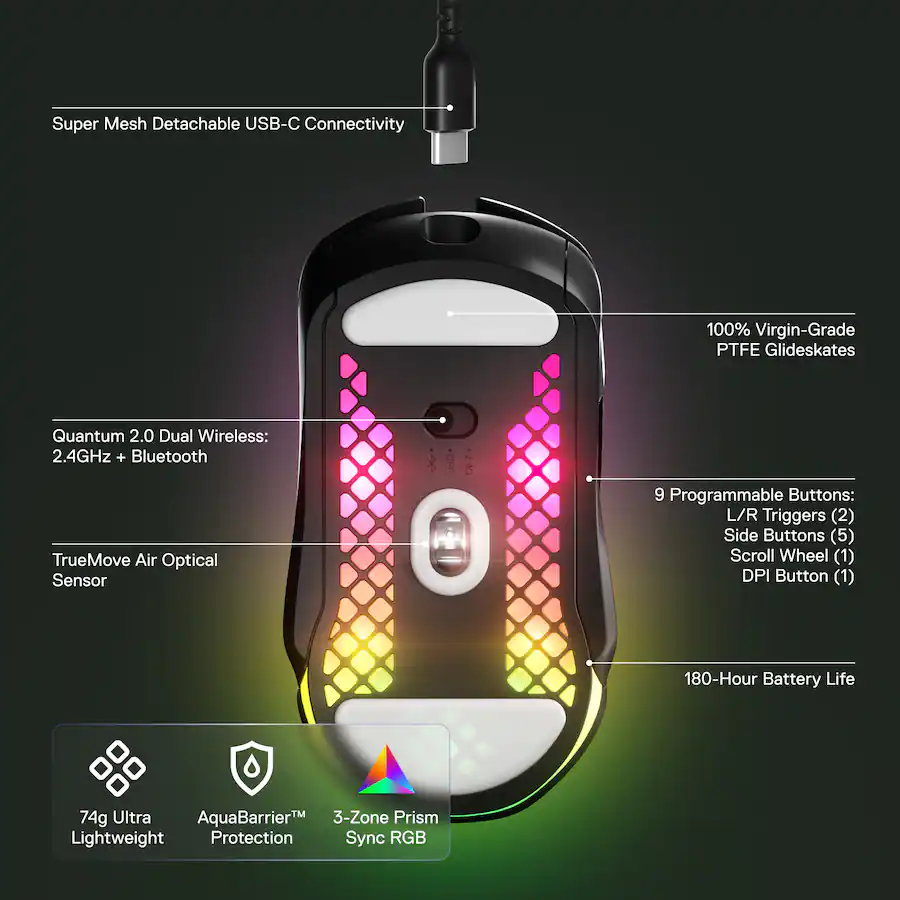 SteelSeries - Aerox 5 Ultra Lightweight Honeycomb Water Resistant Wireless RGB Optical Gaming Mouse With 9 Programmable Buttons - Wireless - Black