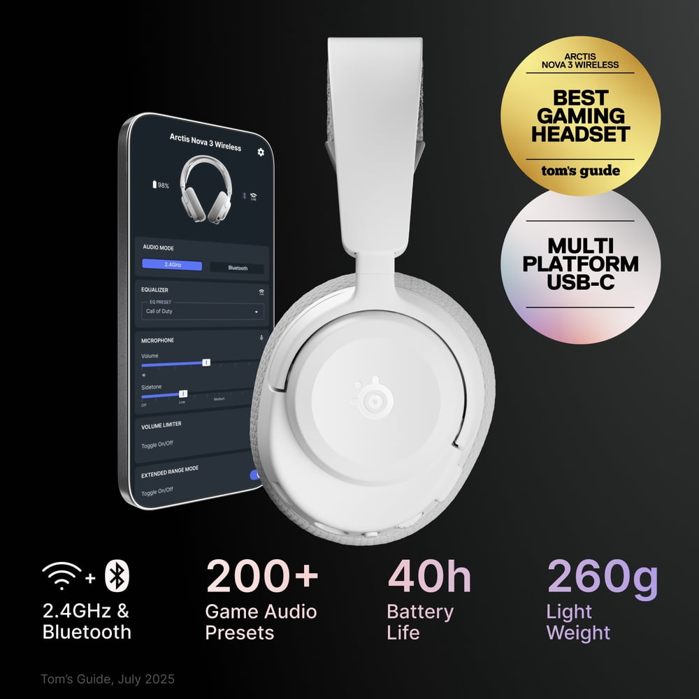 SteelSeries Arctis Nova 3 Wireless Over-Ear Gaming Headset with USB-C Dongle and 200+ Game Audio Presets, White