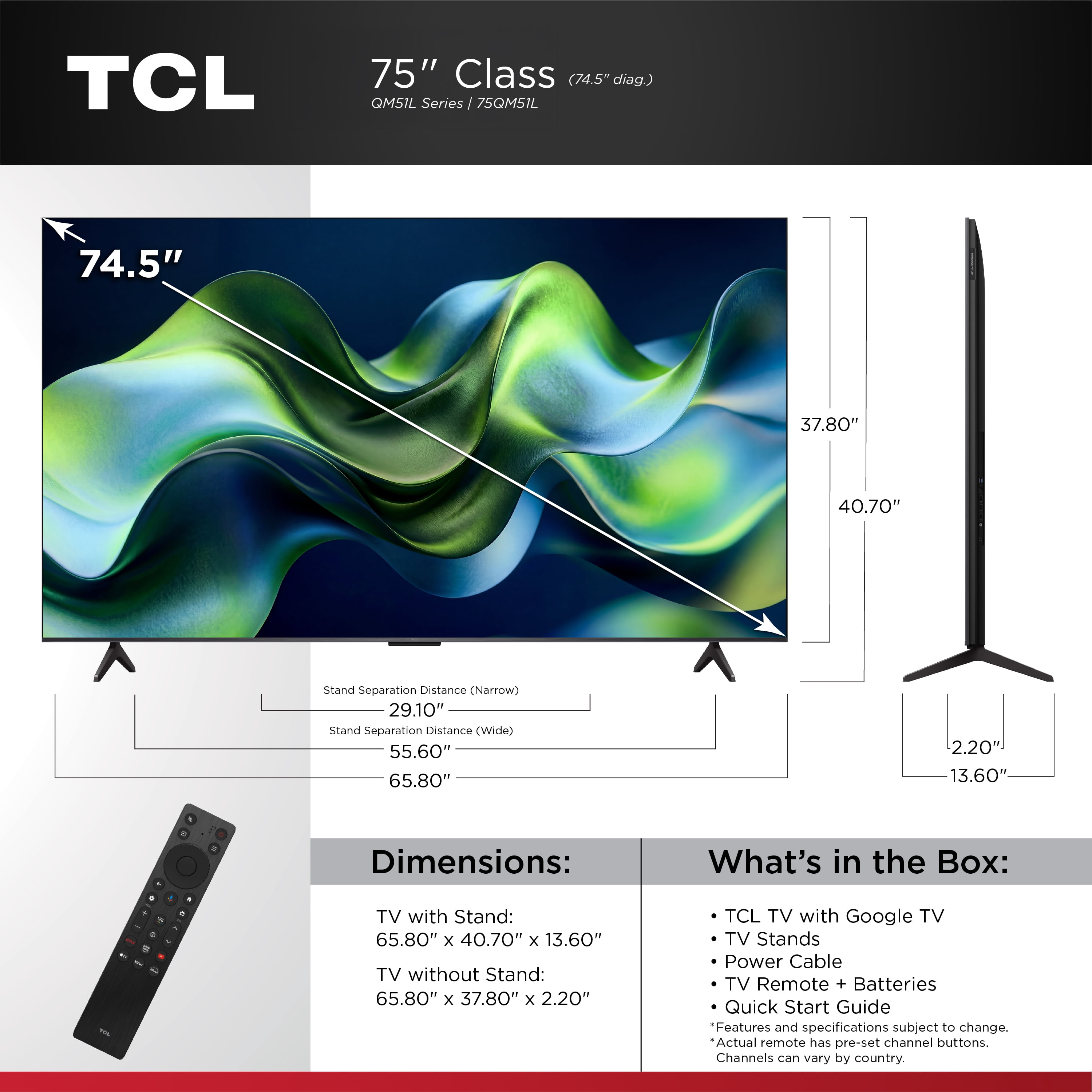 TCL 75-Inch QM51L QD-Mini LED 4K UHD Google Smart TV with Local Dimming Pro and 144Hz Game Accelerator (75QM51L)