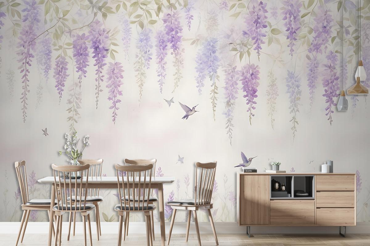 Watercolor Hanging Wisteria Flowers With Hummingbirds Wallpaper Mural
